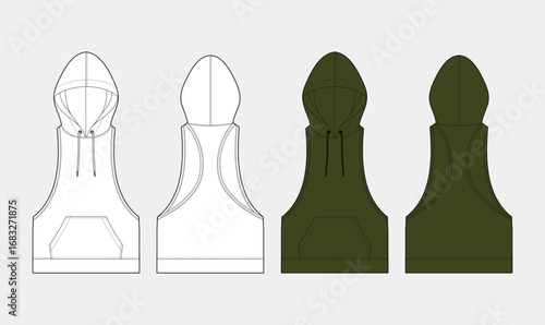 Men's sleeveless hoodie muscle sweatshirt sketch, gym sleeveless hoodie, technical fashion drawing, front and back view, apparel template vector illustration