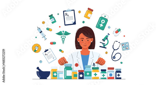 Female pharmacist at a counter with a variety of medicines, pills, and healthcare icons in a flat vector illustration.