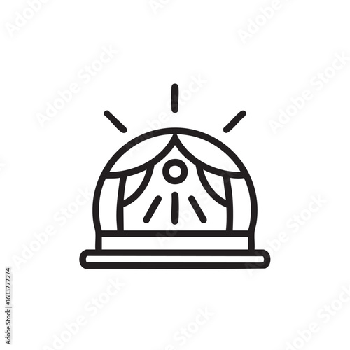 A simple line drawing of a stage with curtains.