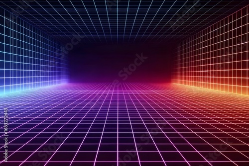 A grid of neon lines on an empty background, creating the illusion that you can see into another world.