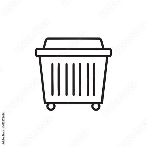 A simple line drawing of a trash can on wheels.
