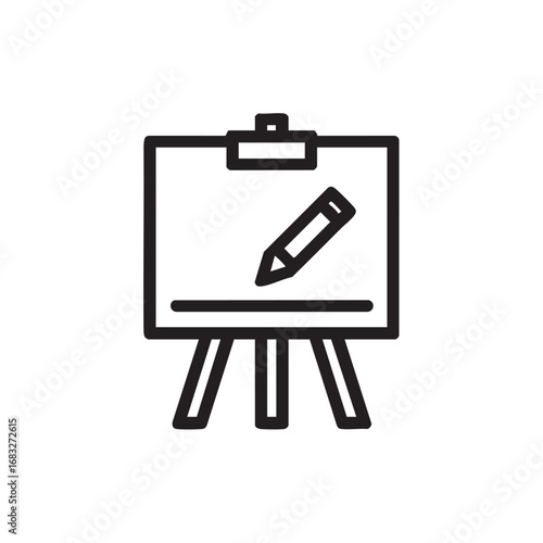 A simple outline of an easel with a paper and pencil.