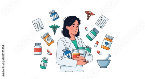 A female pharmacist in a white coat surrounded by various medications, prescriptions, and pharmacy symbols.