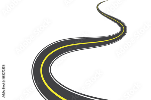Curved road yellow white markings, vector illustration.