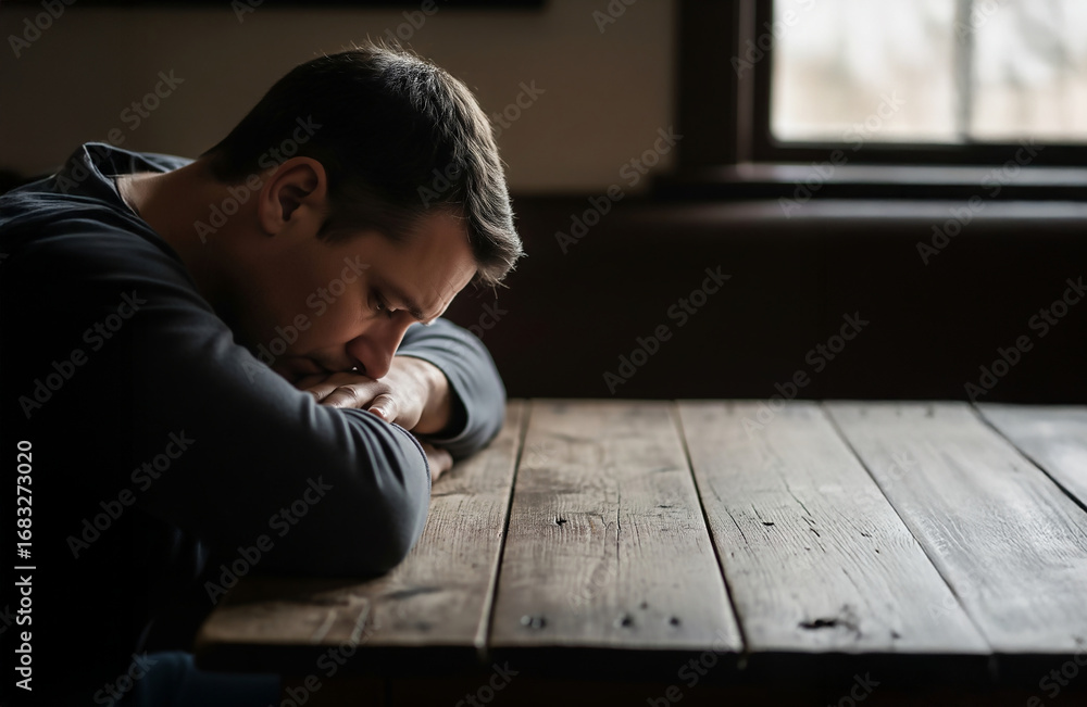 Obraz premium Man Resting Head on Arms at Wooden Table by Window, Depression and Loneliness