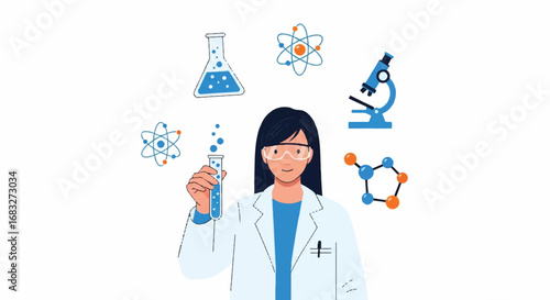 Female scientist in a lab coat surrounded by scientific icons like a microscope, atoms, and beakers, representing research and discovery.