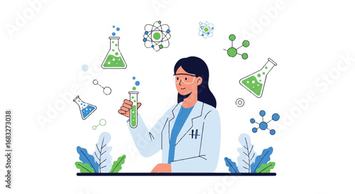 Female scientist in a lab coat conducting research, holding a test tube surrounded by chemical flasks, molecules, and atoms.