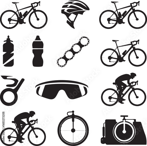 Bicycle Sports Equipment And Rider Silhouette Icons bike cycling