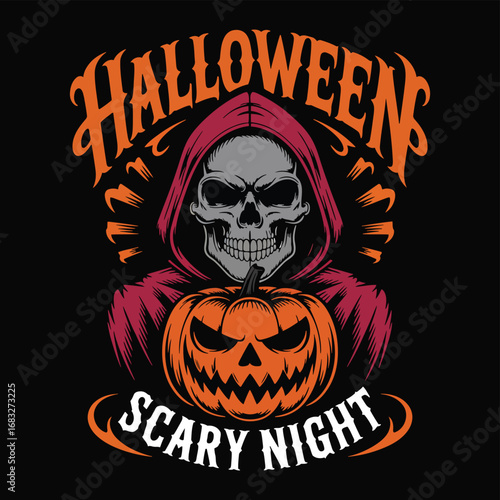 Grim reaper holding pumpkin with halloween text skull