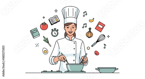 A smiling female chef in uniform happily cooking, surrounded by ingredients and kitchen utensil icons.
