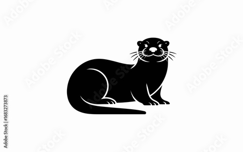 Minimalist black silhouette of an otter with long tail and whiskers, sitting in profile view. Flat vector icon style,