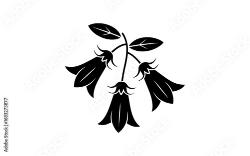 Minimalist black silhouette of a bellflower plant with three hanging blossoms and leaves on a thin stem. Flat vector icon style,