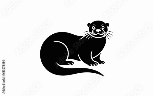 Minimalist black silhouette of an otter with long tail and whiskers, sitting in profile view. Flat vector icon style,