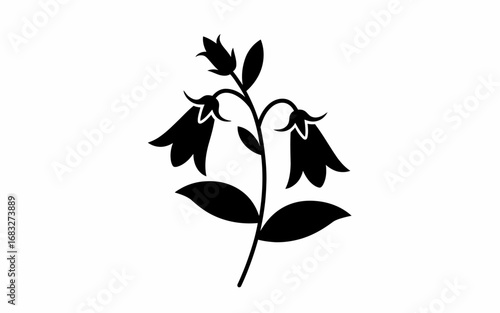 Minimalist black silhouette of a bellflower plant with three hanging blossoms and leaves on a thin stem. Flat vector icon style,