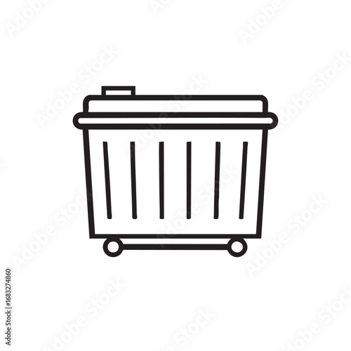A simple line drawing of a trash can on wheels.