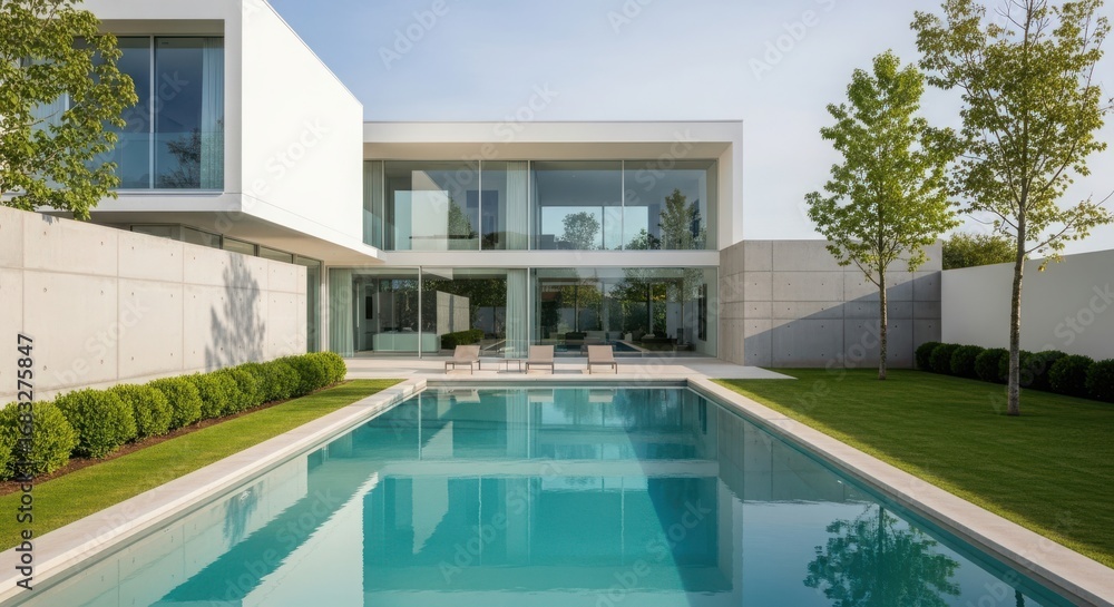 Fototapeta premium Modern luxury residence featuring a rectangular swimming pool and lush green landscaping under a bright sky
