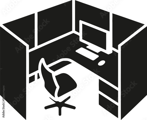 Modern office cubicle with computer and chair isometric view