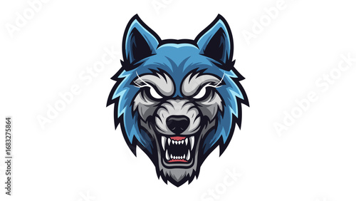 Fierce blue wolf head mascot vector graphic, aggressive wild animal logo illustration