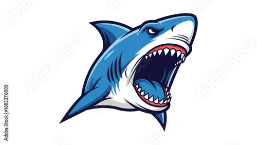 Angry shark mascot head with open mouth showing teeth, vector sports team logo illustration
