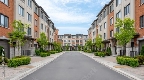 Serene view of a modern residential street lined with elegant townhomes and lush greenery under a bright blue sky