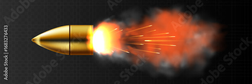 A flying bullet with a fiery trace. Isolated on a transparent background.