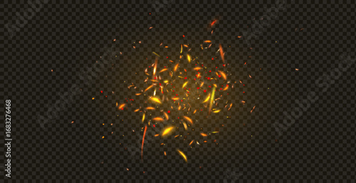 Flame of fire with sparks on a black background. The texture of the fiery storm. The fiery sparks of lights flash, a shot of a flying spark in the air. a dark night.