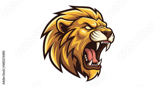 Roaring Lion Head Mascot Illustration with Golden Mane and Sharp Teeth on White Background