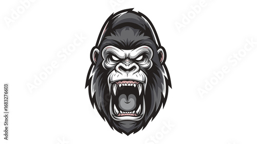 Aggressive gorilla face mascot illustration, powerful primate head vector graphic
