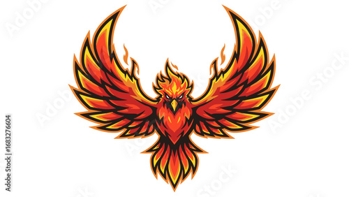 Dynamic firebird mascot emblem with powerful flaming wings, a symbol of rebirth and strength