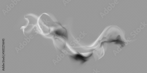 Realistic white cloud or fire smoke in the sky and vector weather element on transparent background. Chimney smoke, fog wave or cloud pattern with overlay effect. Cloud art or smoky air illustration.