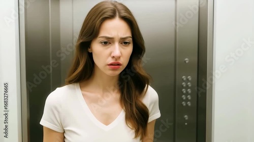 Woman feeling disgusted inside an elevator