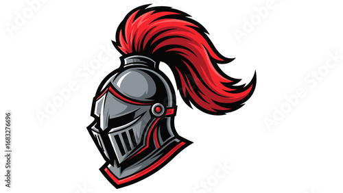 Vividly illustrated medieval knight's helmet Mascot with striking red plume, symbolizing courage and strength