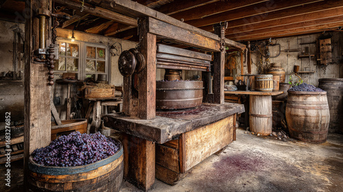 Rustic winery interior with grape crusher and wooden barrels during harvest season