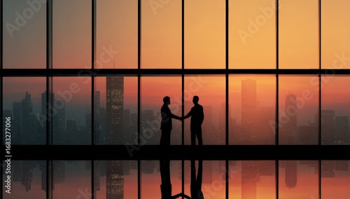 Business handshake at sunset viewed through a high-rise window