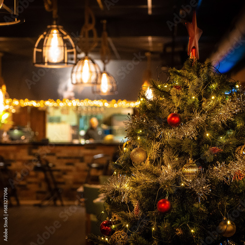 Restaurant bar during Christmas time. Christmas decorations restaurant