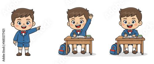 Three cartoon schoolboys in uniform, one pointing, one raising hand, and one seated at a desk.