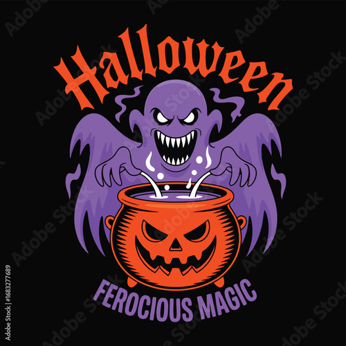 Spooky ghost brewing potion with jack o lantern cauldron halloween purple