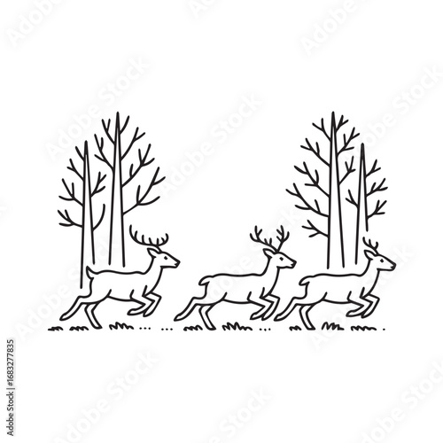 A black and white illustration depicting three deer running through a forest with bare trees, isolated on white background technology background