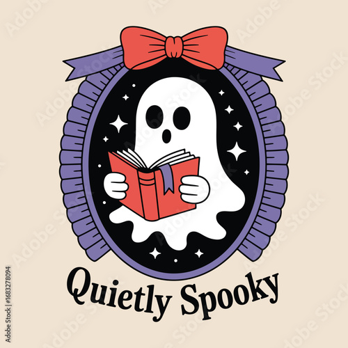 Whimsical ghost reading book with bow and stars ribbon