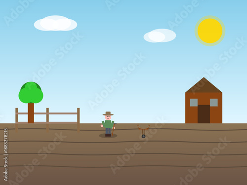 A farmer in work clothes and a hat, holding a hoe