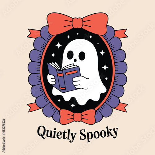White ghost reading book with purple and red frame vector