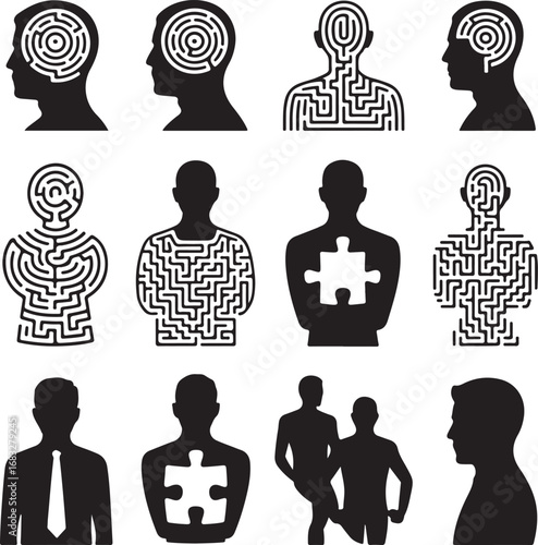 Human head silhouette with maze and puzzle piece elements labyrinth
