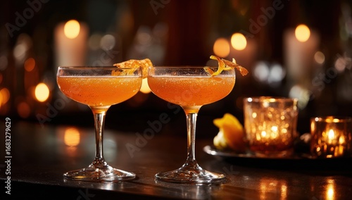 Two cocktails in elegant coupe glasses, garnished with citrus
