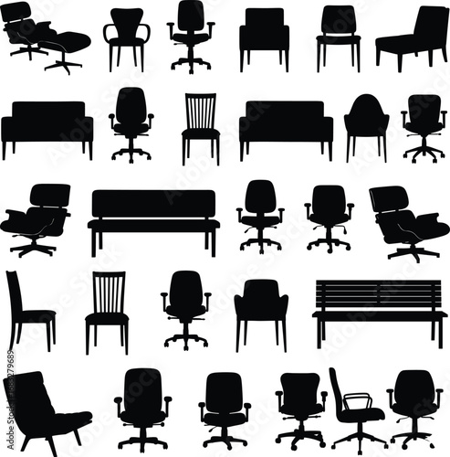 Collection of various chair and sofa silhouettes, office seating, modern furniture design, black vector icons, home and workspace interior.