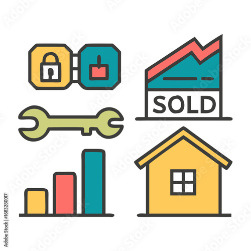 Glyph icons. House, multi-story building, house key, tools (hammer and wrench), crane, blueprint, brick wall, 