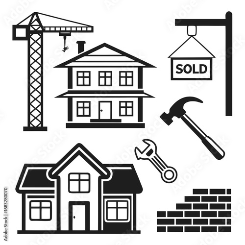 Glyph icons. House, multi-story building, house key, tools (hammer and wrench), crane, blueprint, brick wall, 