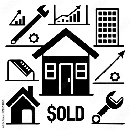 Glyph icons. House, multi-story building, house key, tools (hammer and wrench), crane, blueprint, brick wall, 