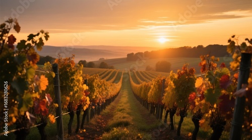 Fototapeta Naklejka Na Ścianę i Meble -  Golden sunset over vineyard rows