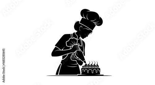 Minimalist silhouette icon of a female baker piping frosting on a cake.