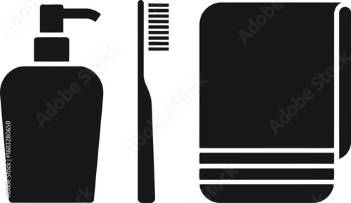 Simple black silhouette icons of soap dispenser toothbrush and towel